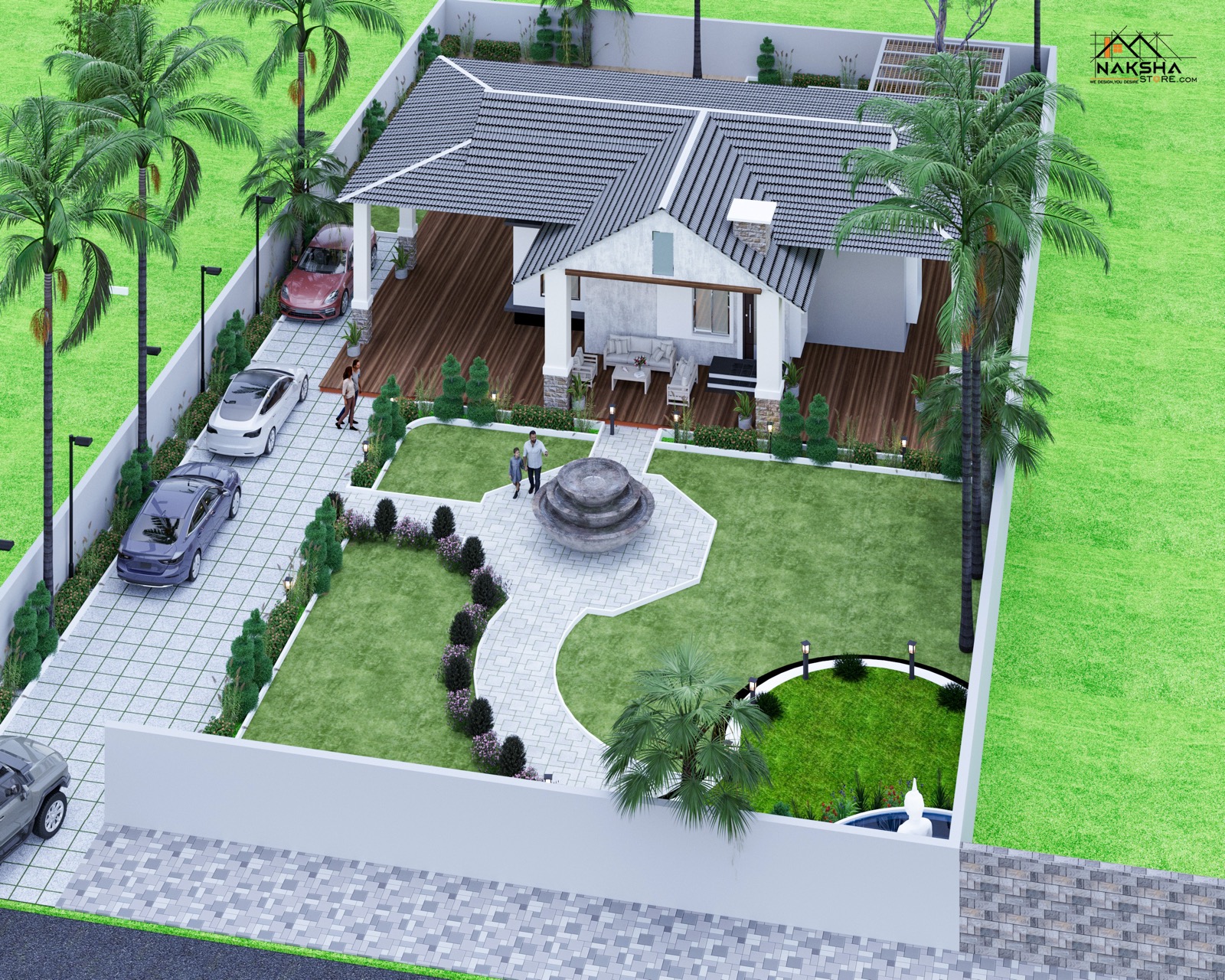 Aerial view of the farmhouse plot with fountain and parking