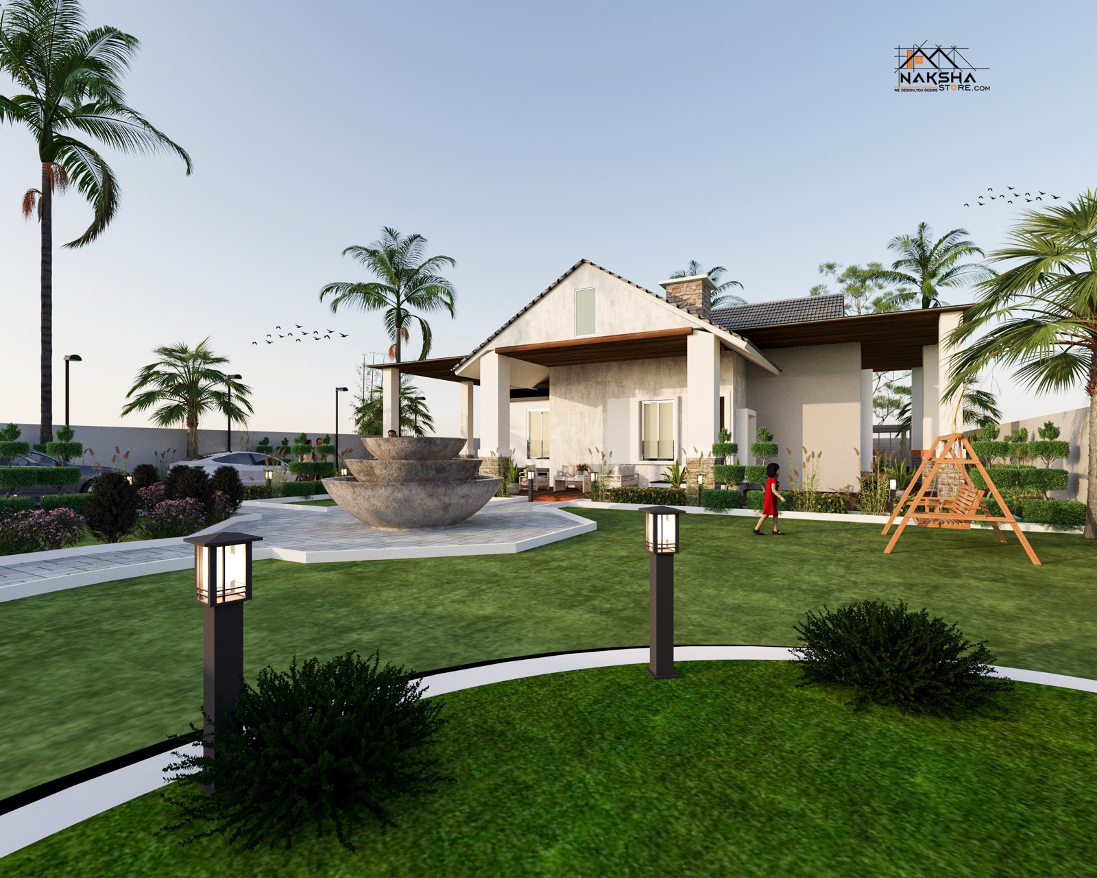 Farmhouse with central fountain and landscaped lawn