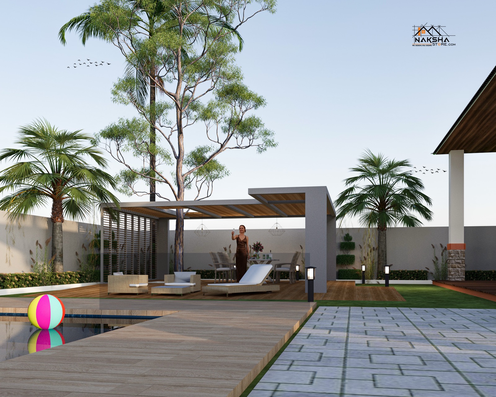 Poolside deck with pergola and lounge seating